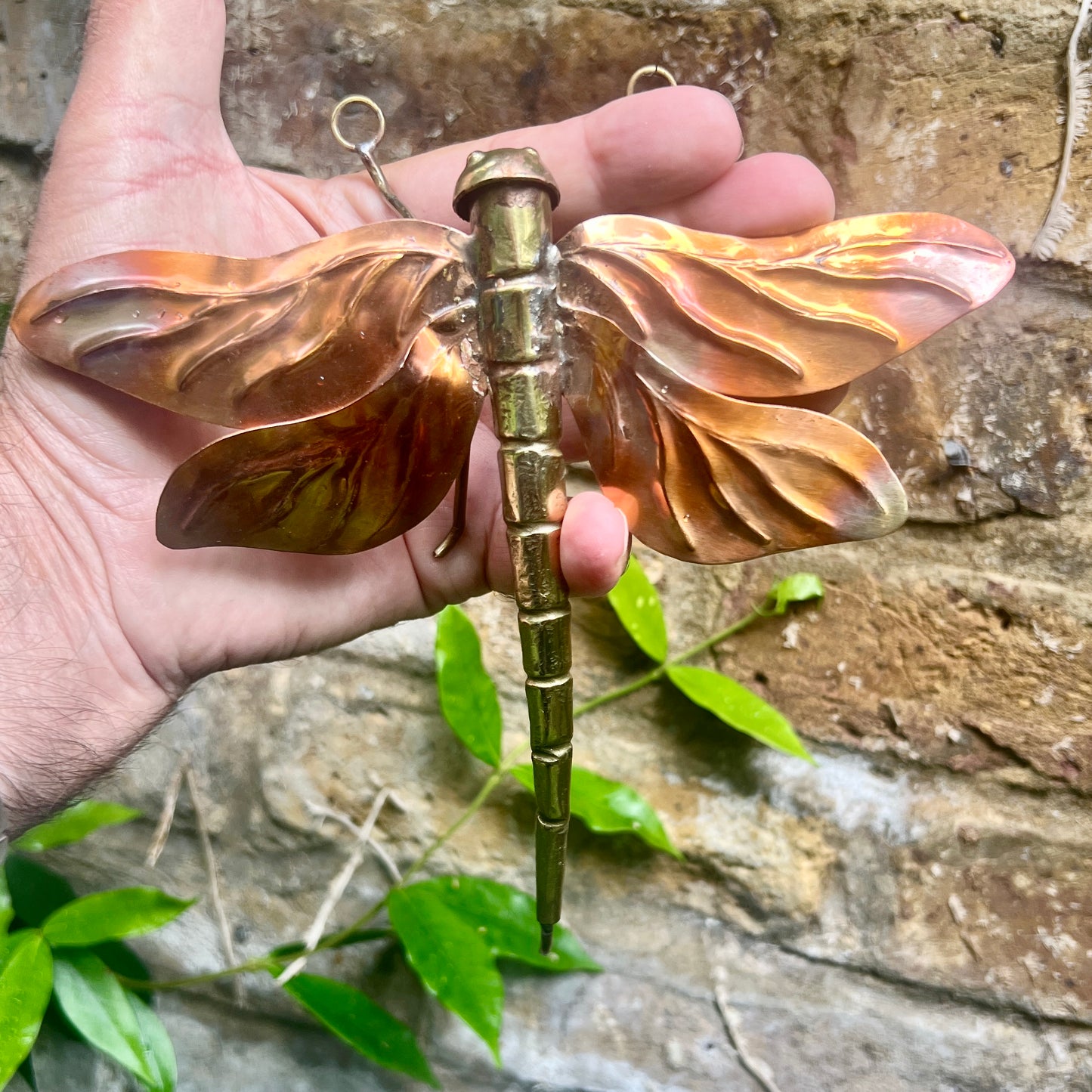 Handmade Copper & Brass Dragonfly Wall Sculpture – Outdoor Nature-Inspired Decor