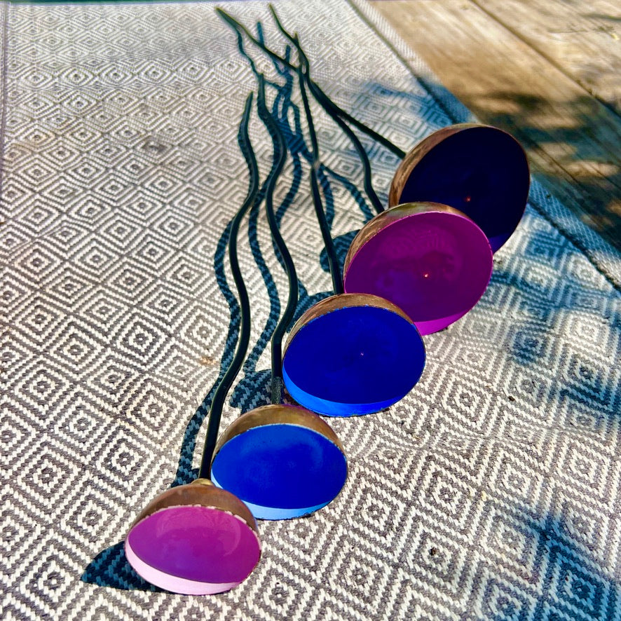 Set of 5 Colour-Coated Copper Rain Catcher Sculptures – Pink, Blue, Lilac, Light Blue & Purple