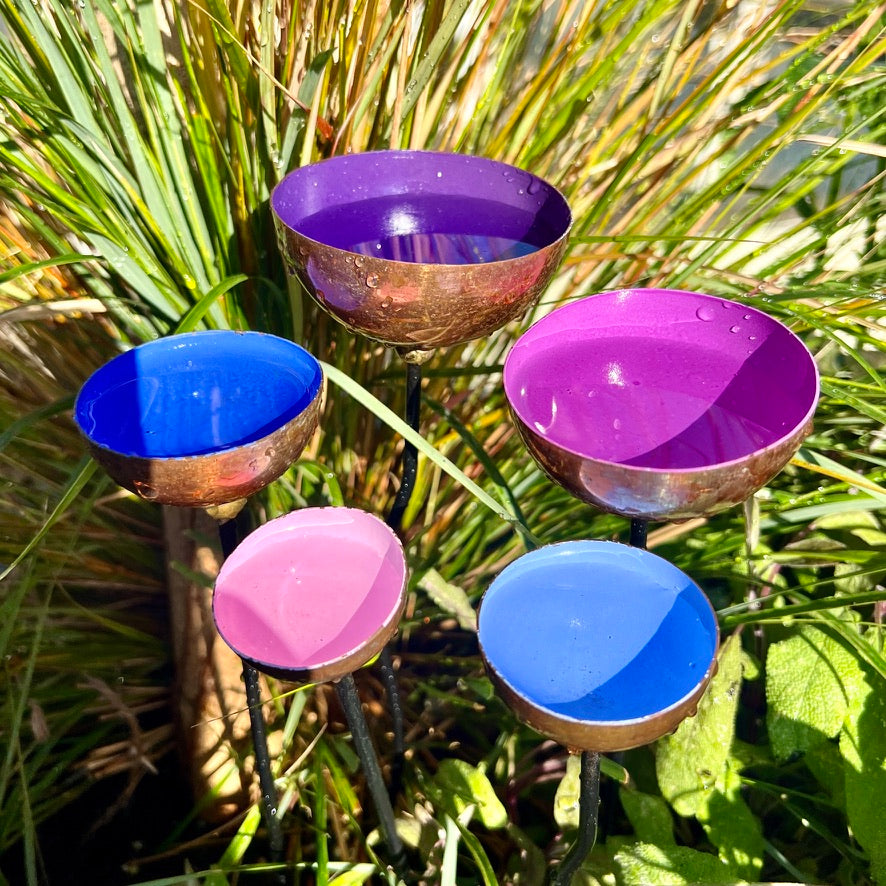 Set of 5 Colour-Coated Copper Rain Catcher Sculptures – Pink, Blue, Lilac, Light Blue & Purple