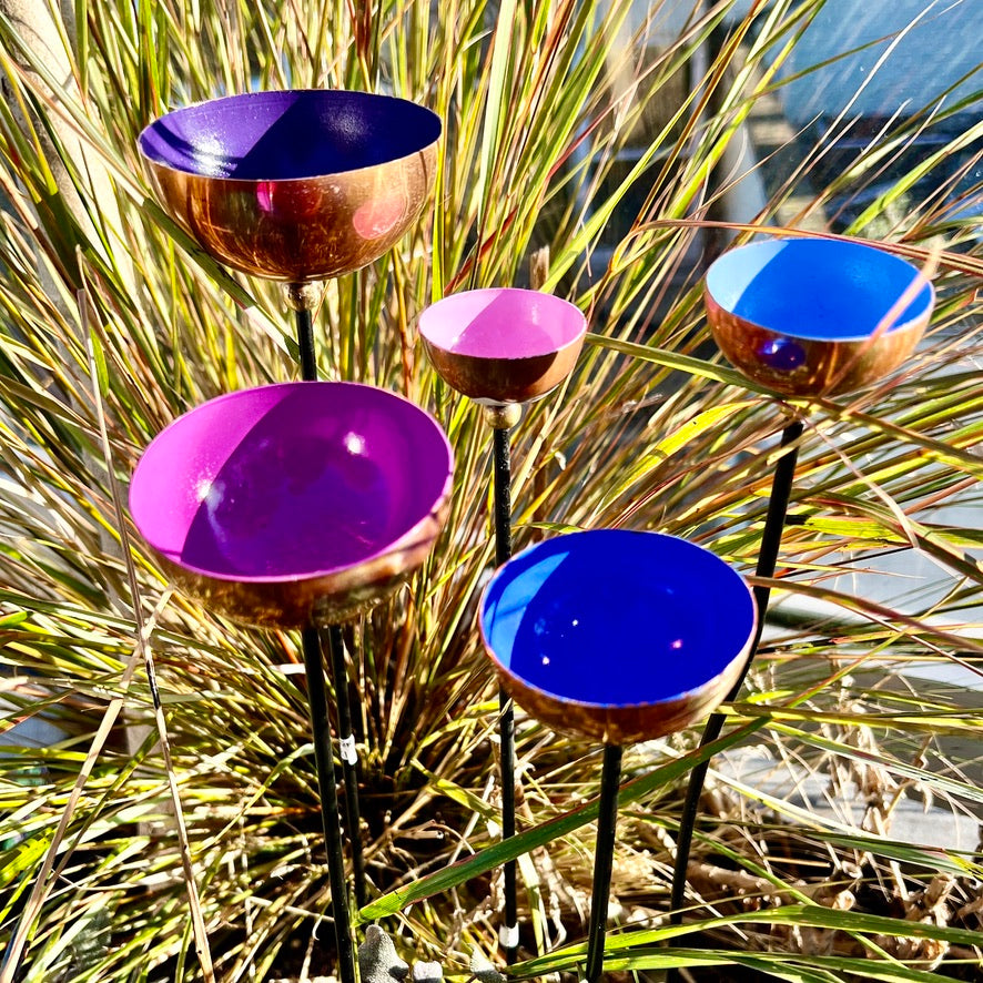 Set of 5 Colour-Coated Copper Rain Catcher Sculptures – Pink, Blue, Lilac, Light Blue & Purple