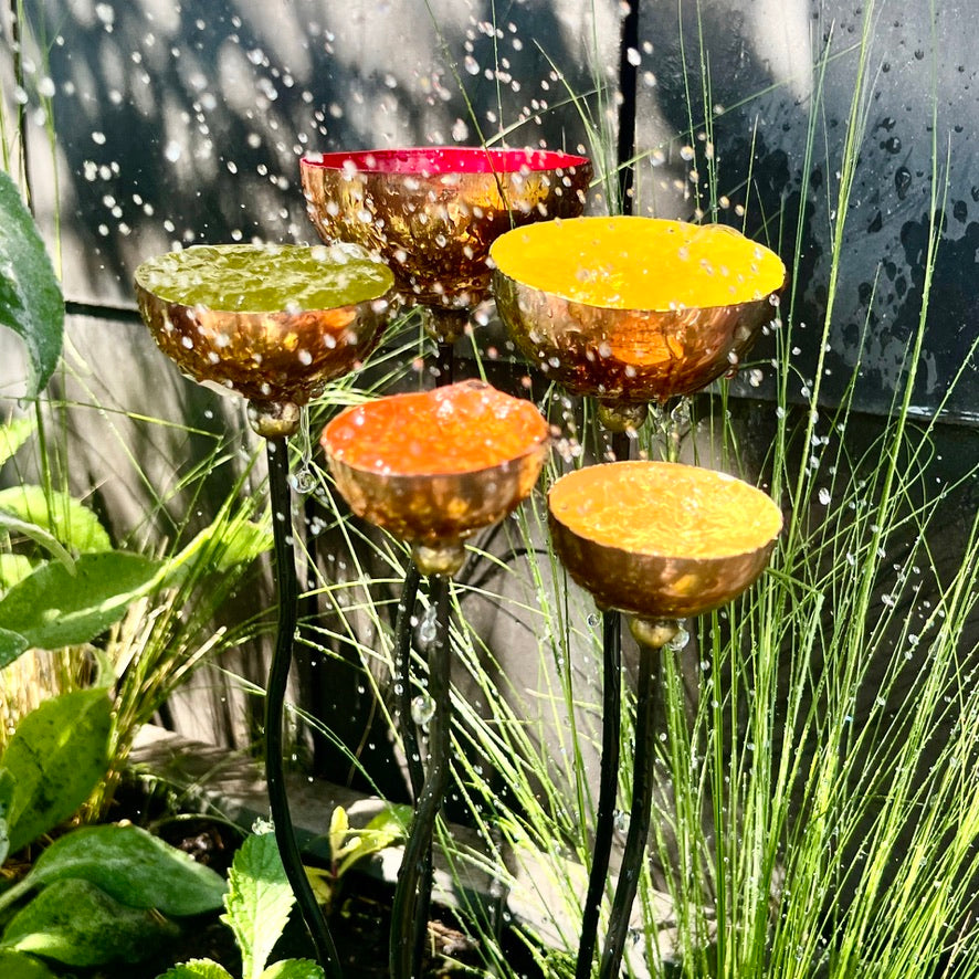 Set of 5 Copper Rain Catchers – Tangerine, Green, Red, Orange & Yellow