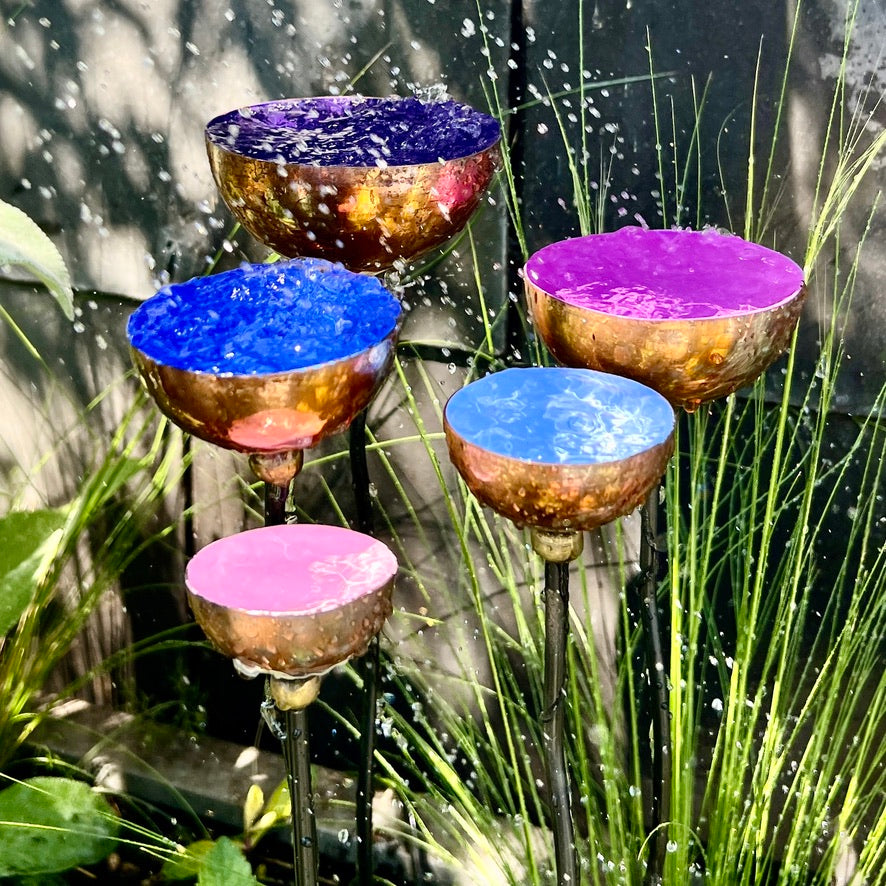 Set of 5 Colour-Coated Copper Rain Catcher Sculptures – Pink, Blue, Lilac, Light Blue & Purple