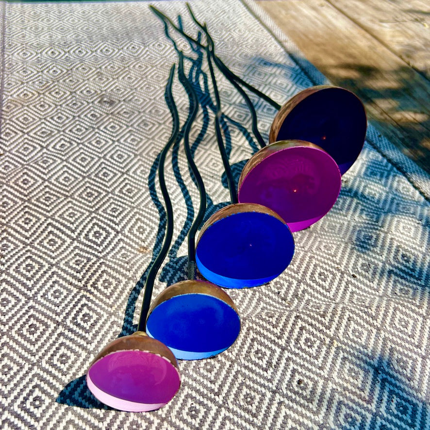 Set of 5 Colour-Coated Copper Rain Catcher Sculptures – Pink, Blue, Lilac, Light Blue & Purple