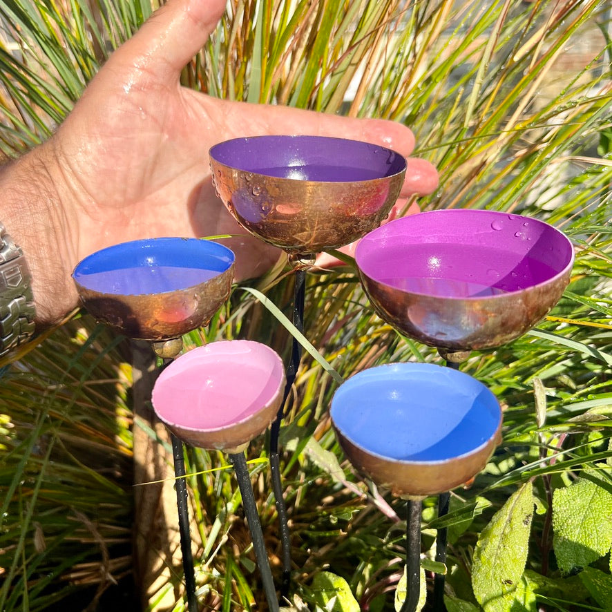 Set of 5 Colour-Coated Copper Rain Catcher Sculptures – Pink, Blue, Lilac, Light Blue & Purple