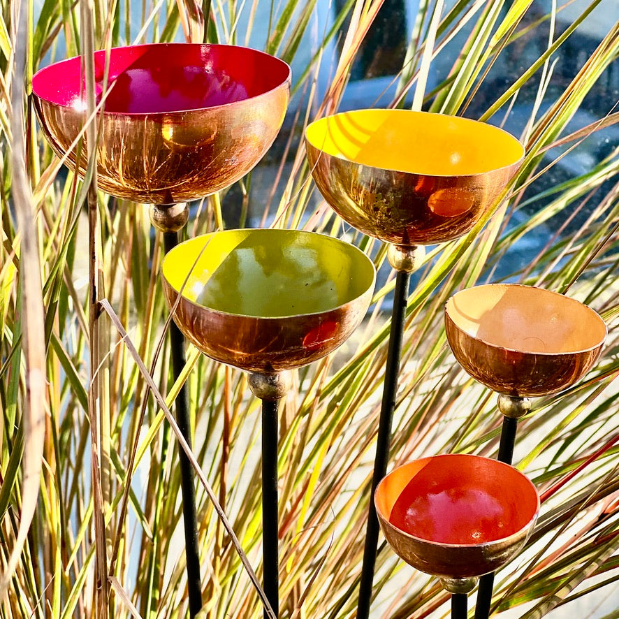 Set of 5 Copper Rain Catchers – Tangerine, Green, Red, Orange & Yellow