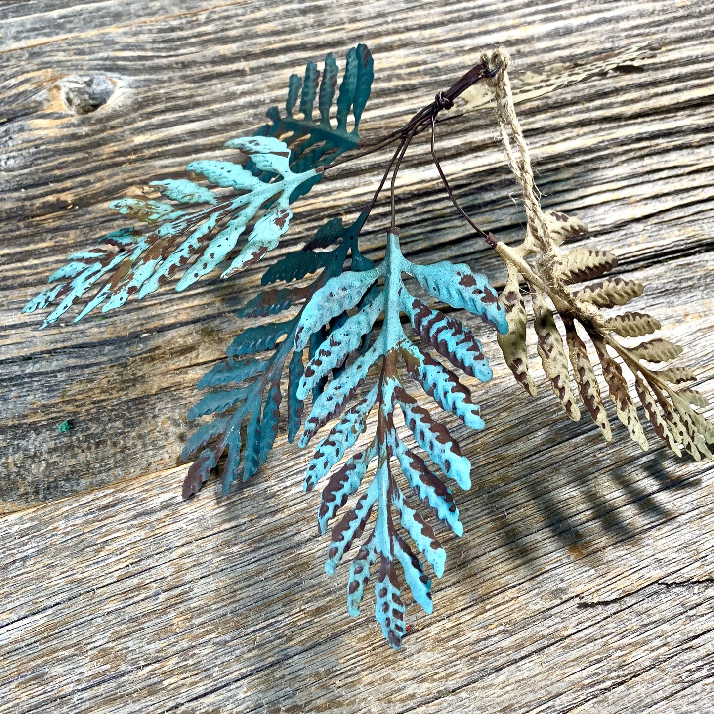 Six Verdigris Leaf Hanging Decorations