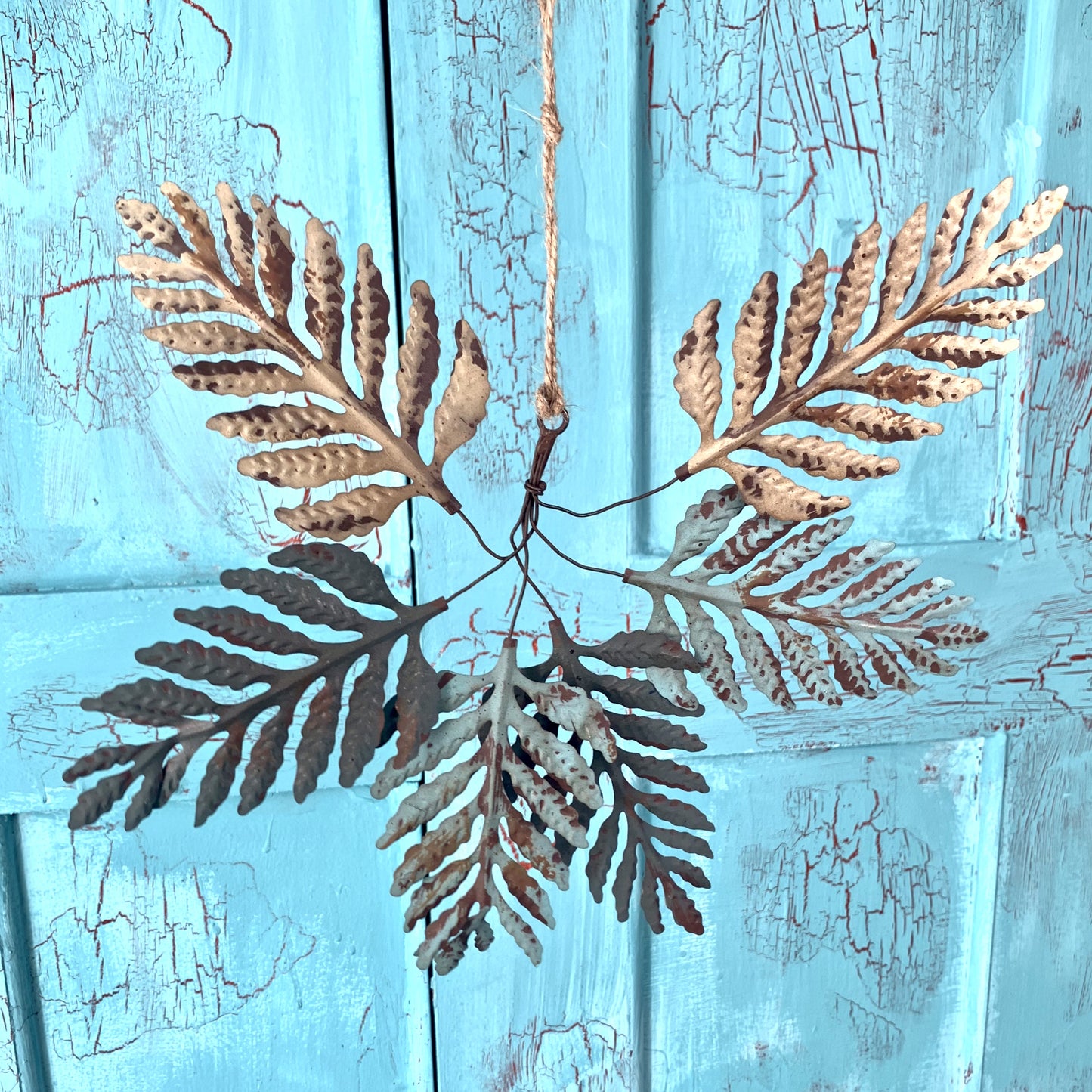 Six Verdigris Leaf Hanging Decorations