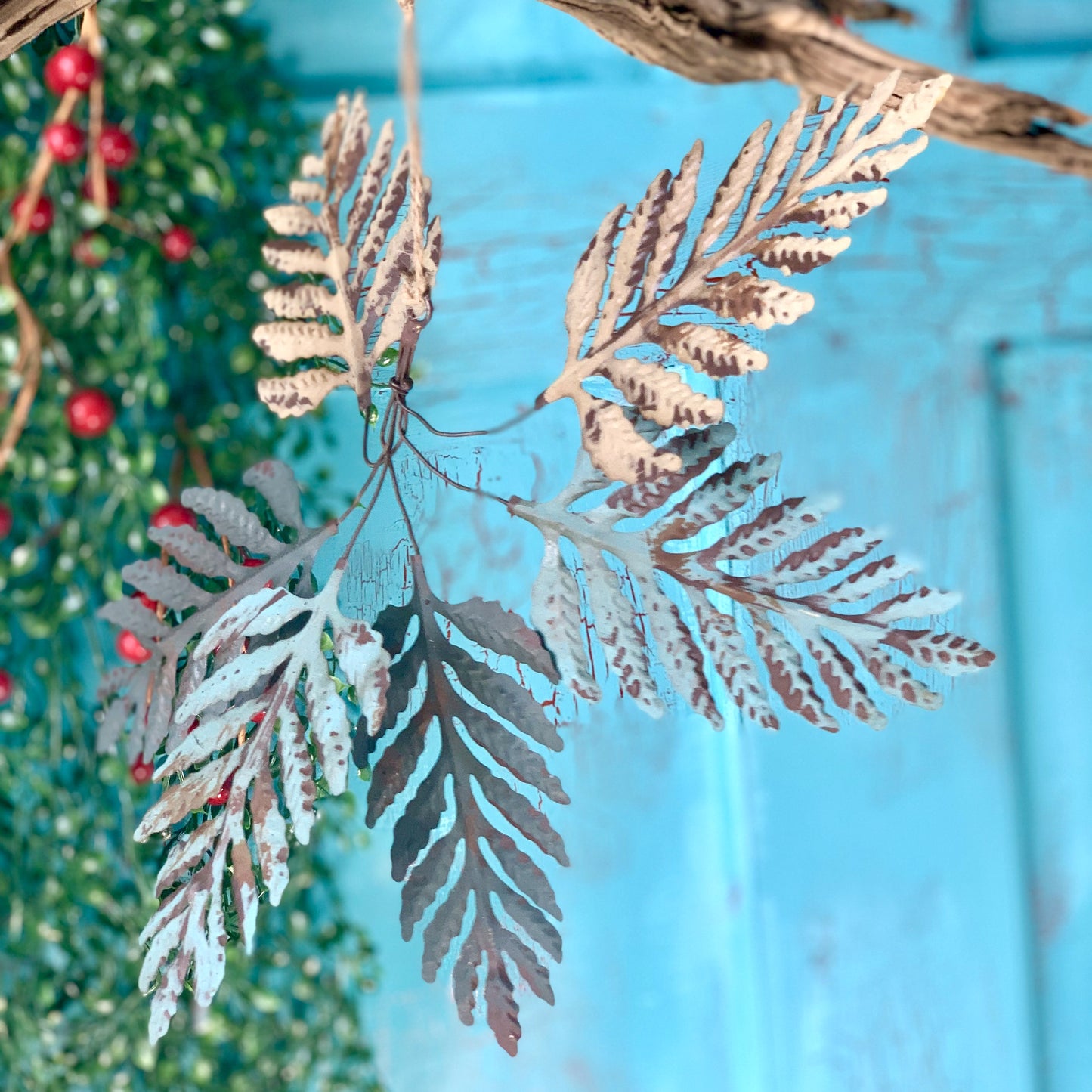 Six Verdigris Leaf Hanging Decorations