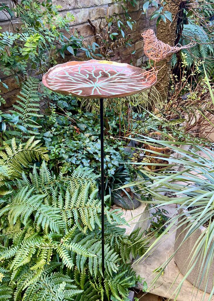 Copper lily pad bird bath with pole