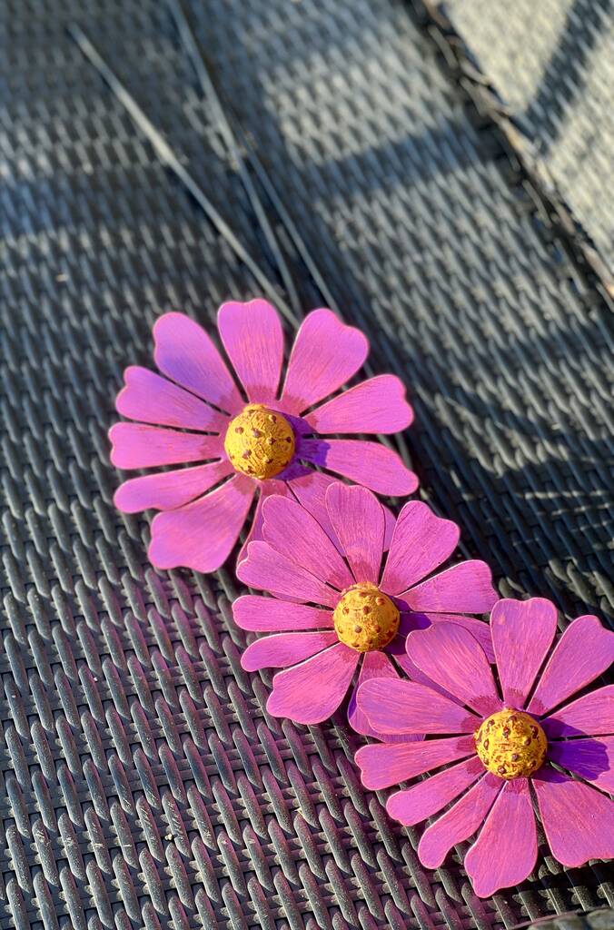 Three Recycled Metal Cosmic Daisy Garden Sculptures