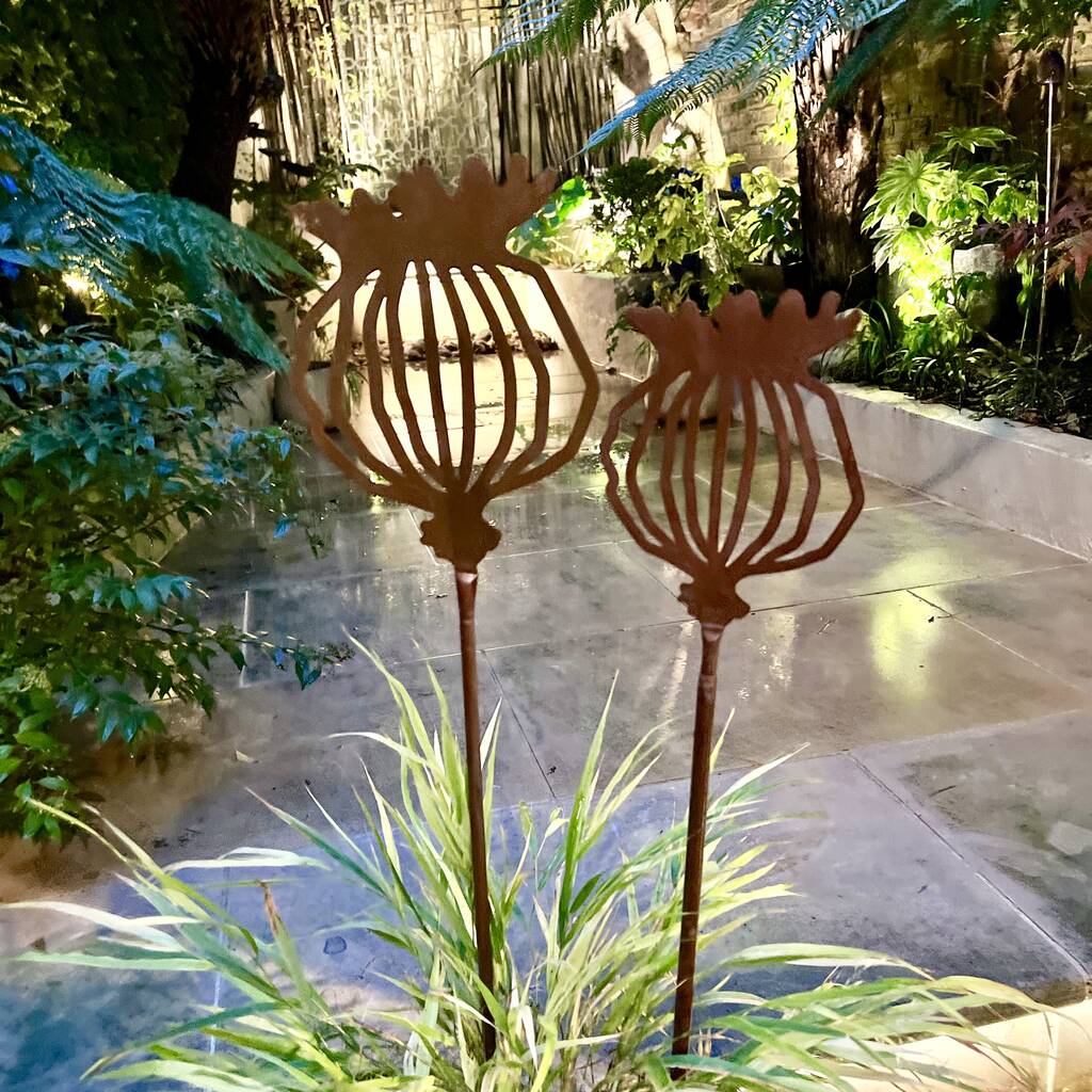 Set of 2 Poppy Seed Head Garden Stakes