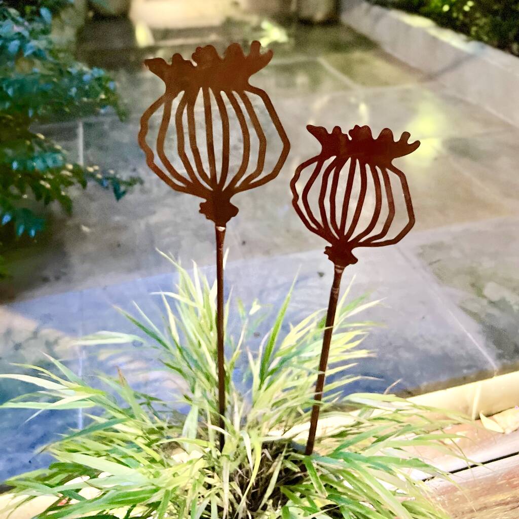 Set of 2 Poppy Seed Head Garden Stakes