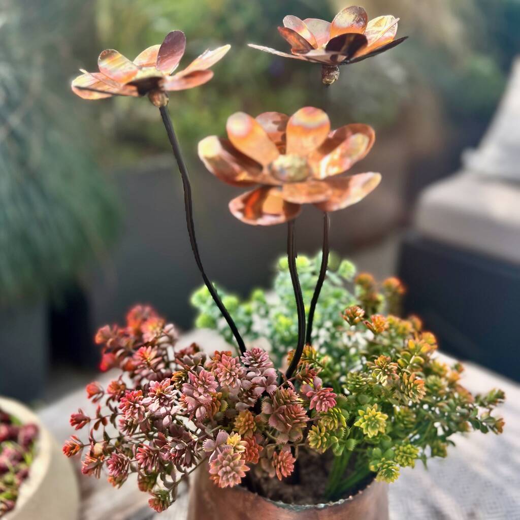 Set Of Three Copper Dahlia Garden Stakes