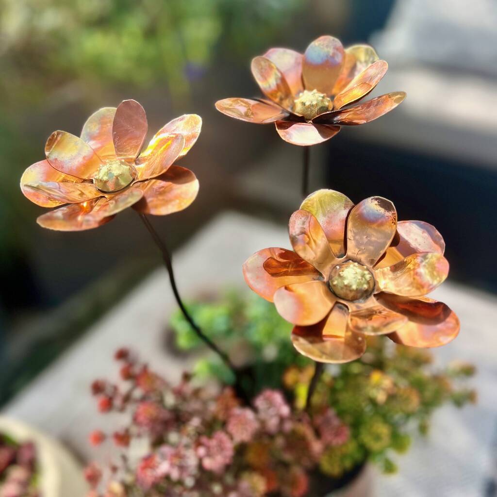 Set Of Three Copper Dahlia Garden Stakes