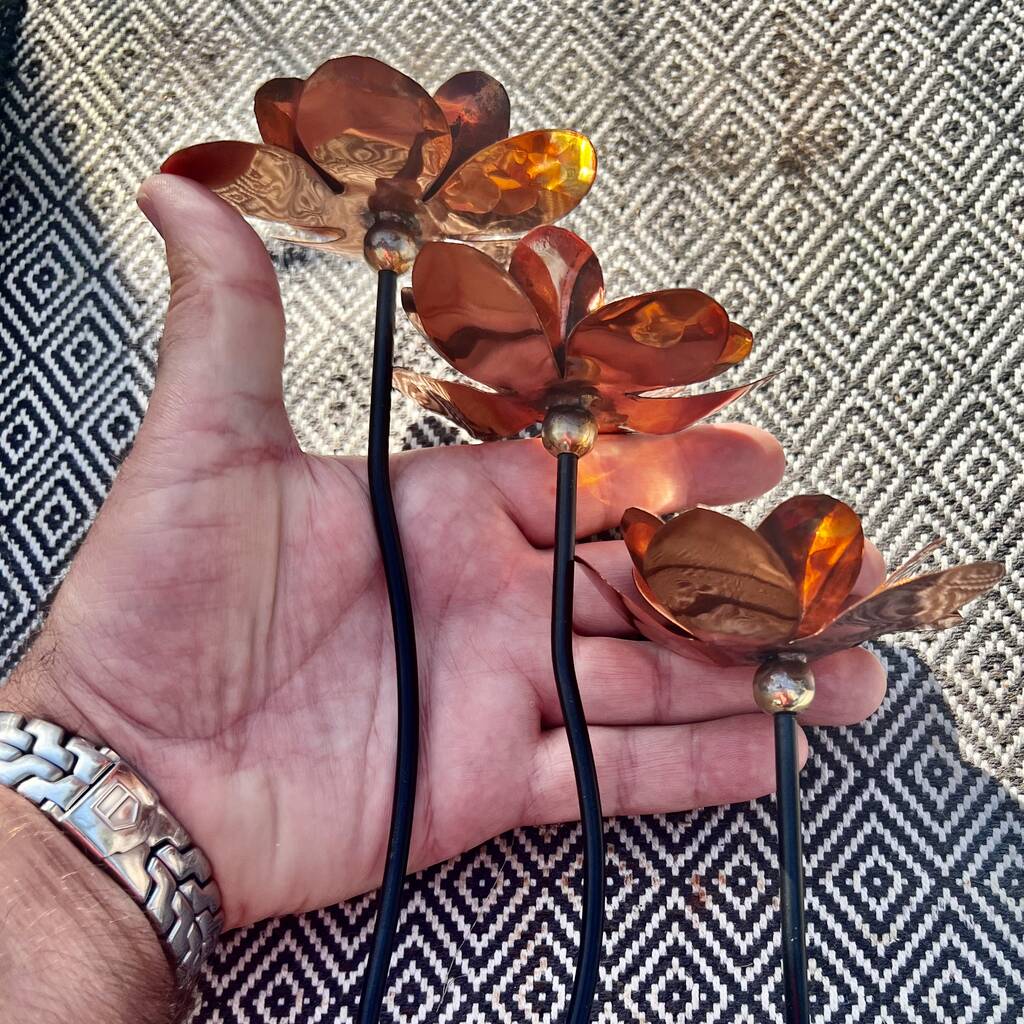 Set Of Three Copper Dahlia Garden Stakes