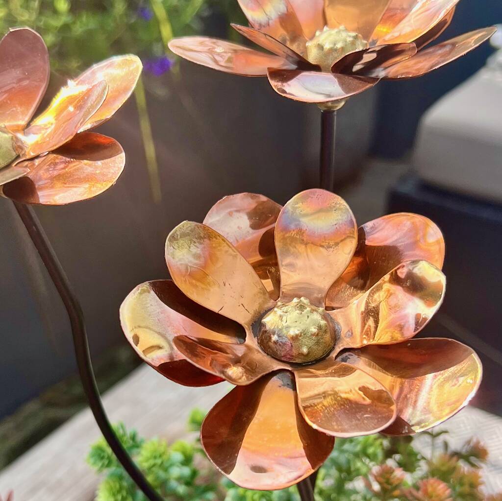 Set Of Three Copper Dahlia Garden Stakes
