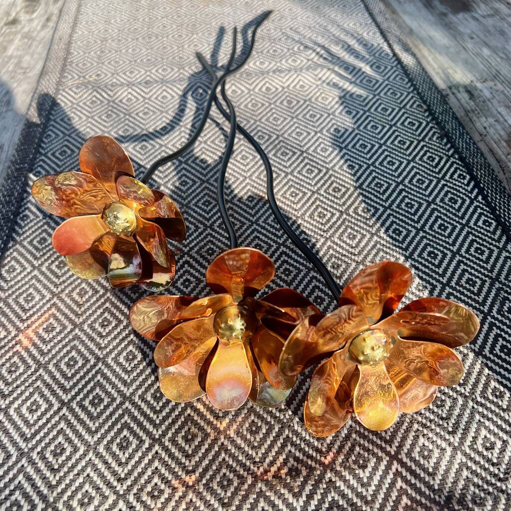 Set Of Three Copper Dahlia Garden Stakes
