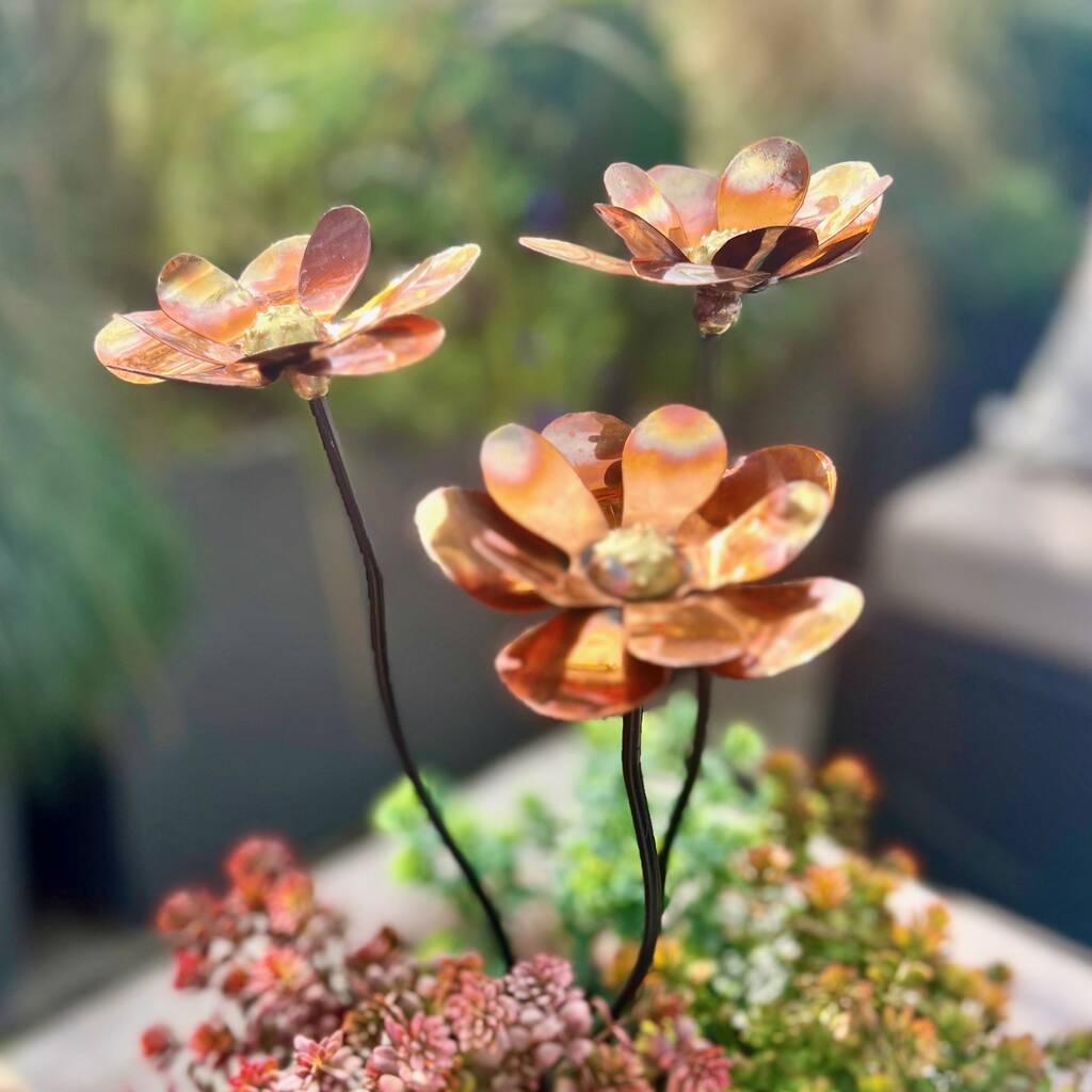 Set Of Three Copper Dahlia Garden Stakes