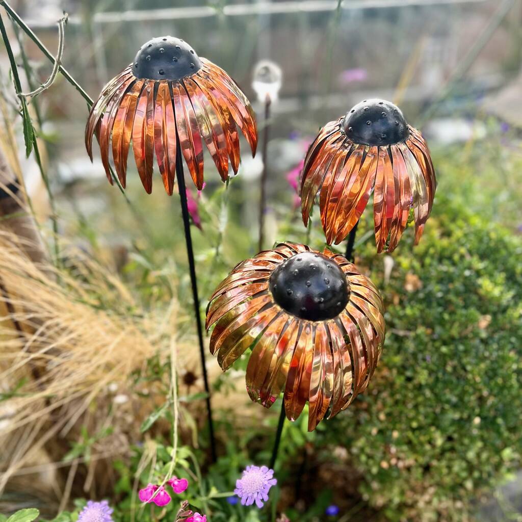 Set Of Three Copper Echinacea Stakes