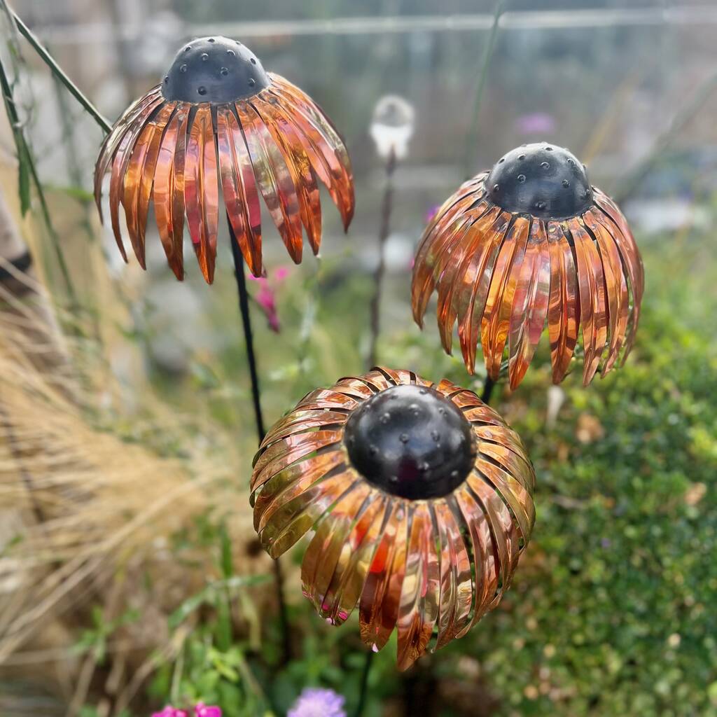 Set Of Three Copper Echinacea Stakes