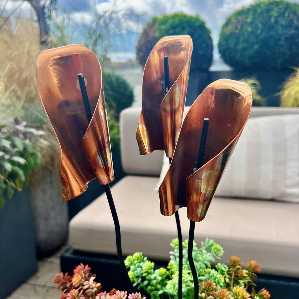 Set Of Three Copper Lily Garden Pot Sculptures