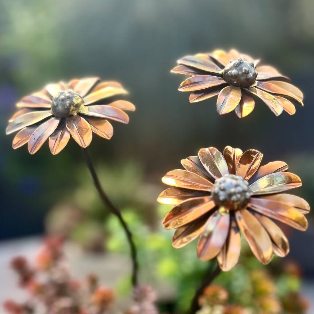 Set Of Three Copper Daisy Garden Planter Stakes