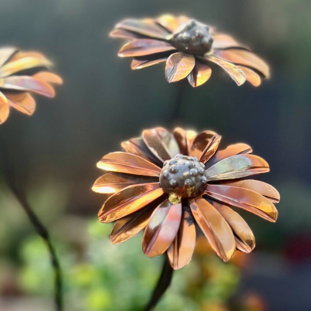 Set Of Three Copper Daisy Garden Planter Stakes