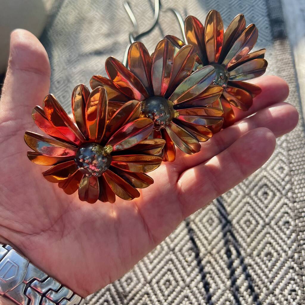 Set Of Three Copper Daisy Garden Planter Stakes