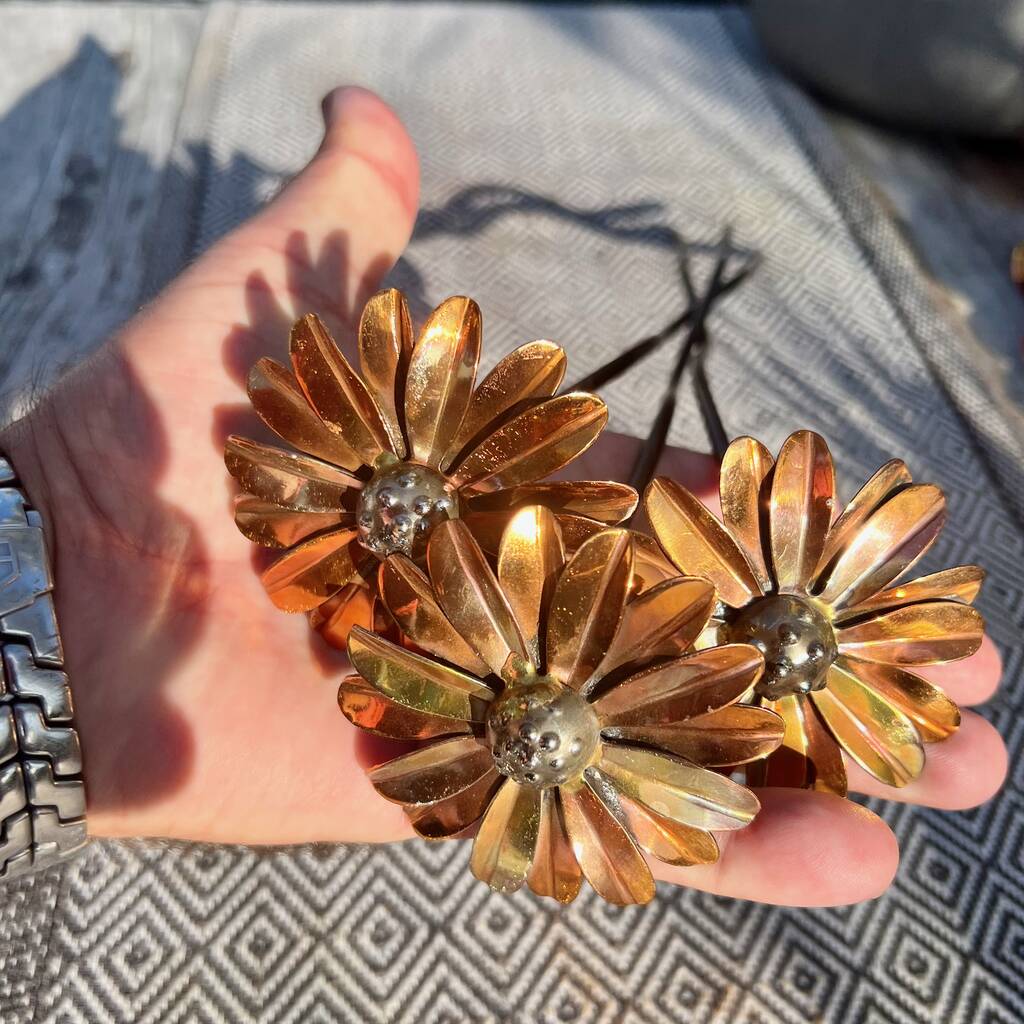 Set Of Three Copper Daisy Garden Planter Stakes