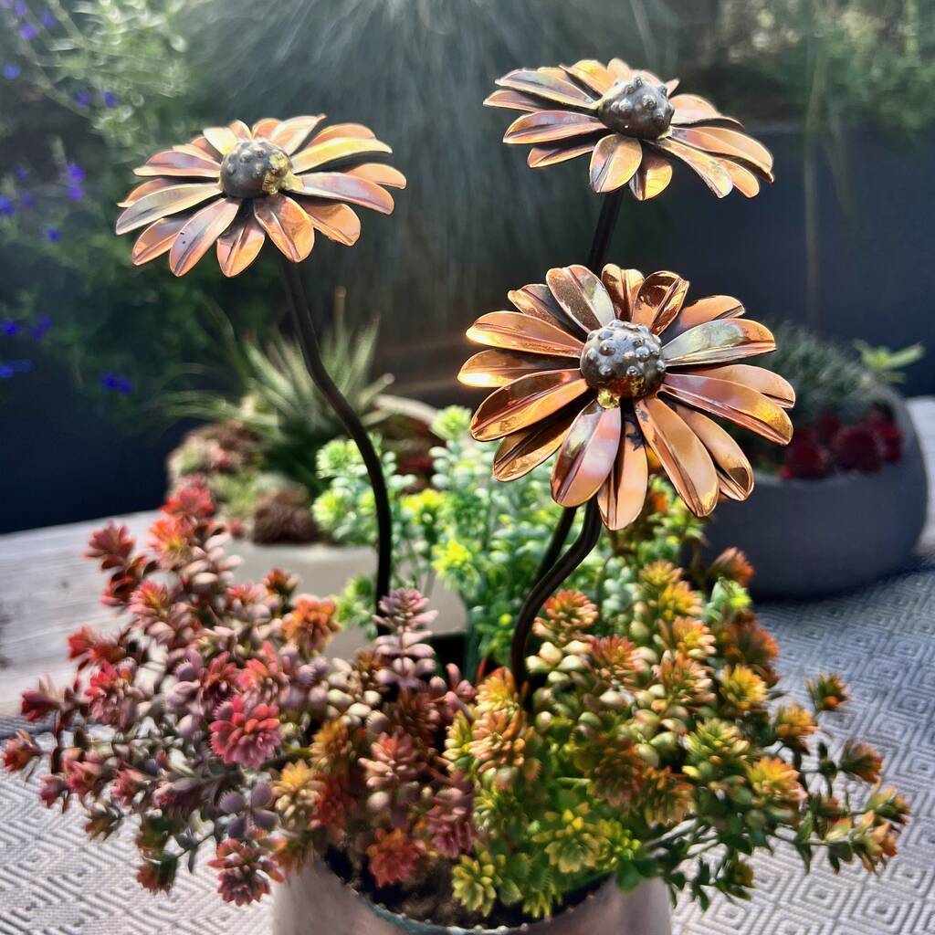 Set Of Three Copper Daisy Garden Planter Stakes