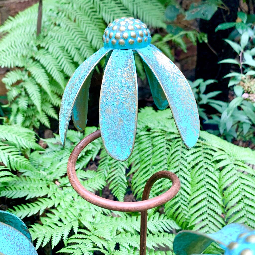Set of 3 Verdigris Echinacea Garden Stakes