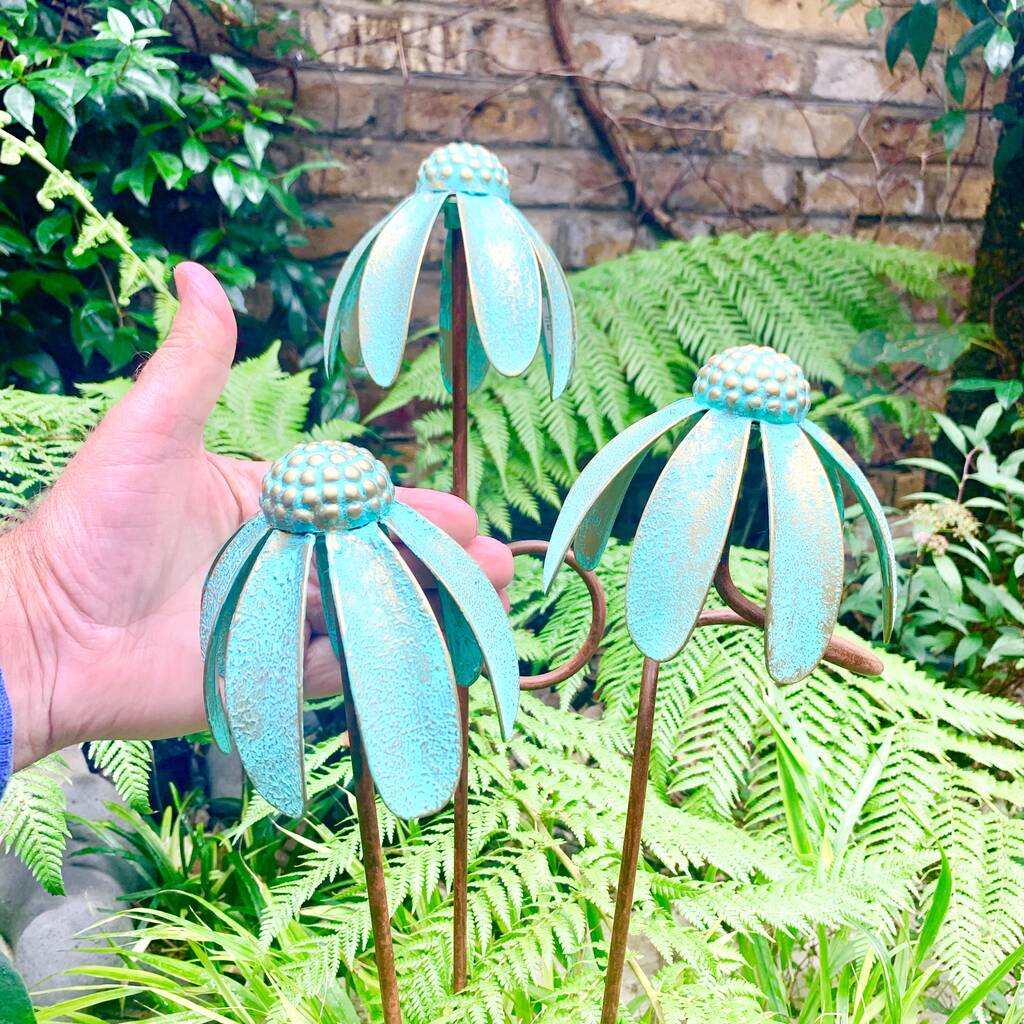 Set of 3 Verdigris Echinacea Garden Stakes