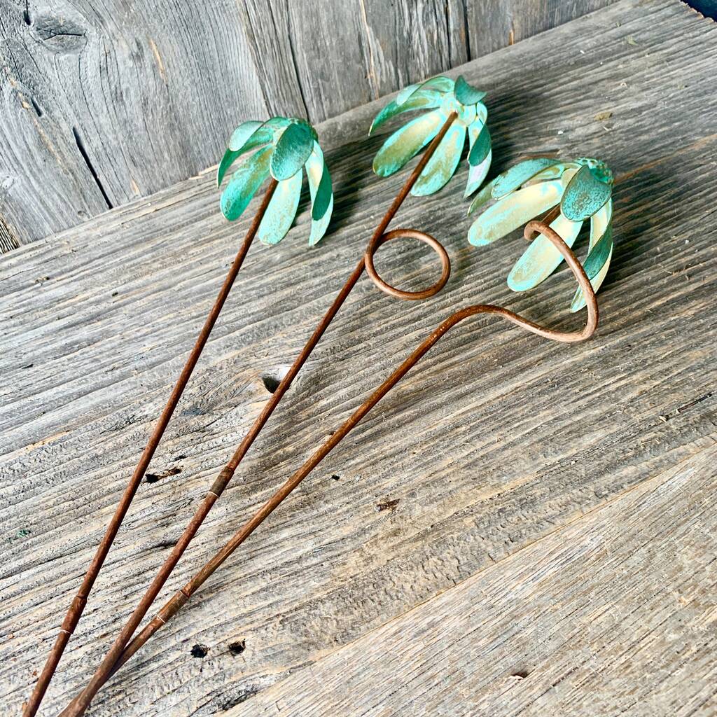 Set of 3 Verdigris Echinacea Garden Stakes