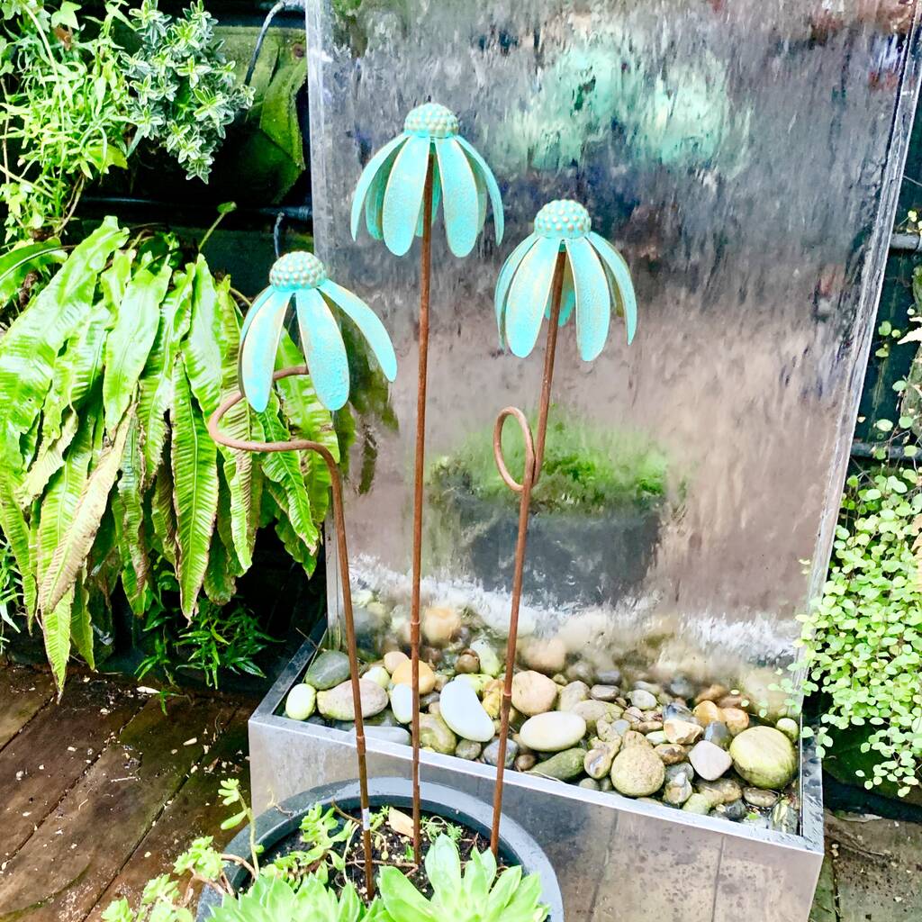Set of 3 Verdigris Echinacea Garden Stakes