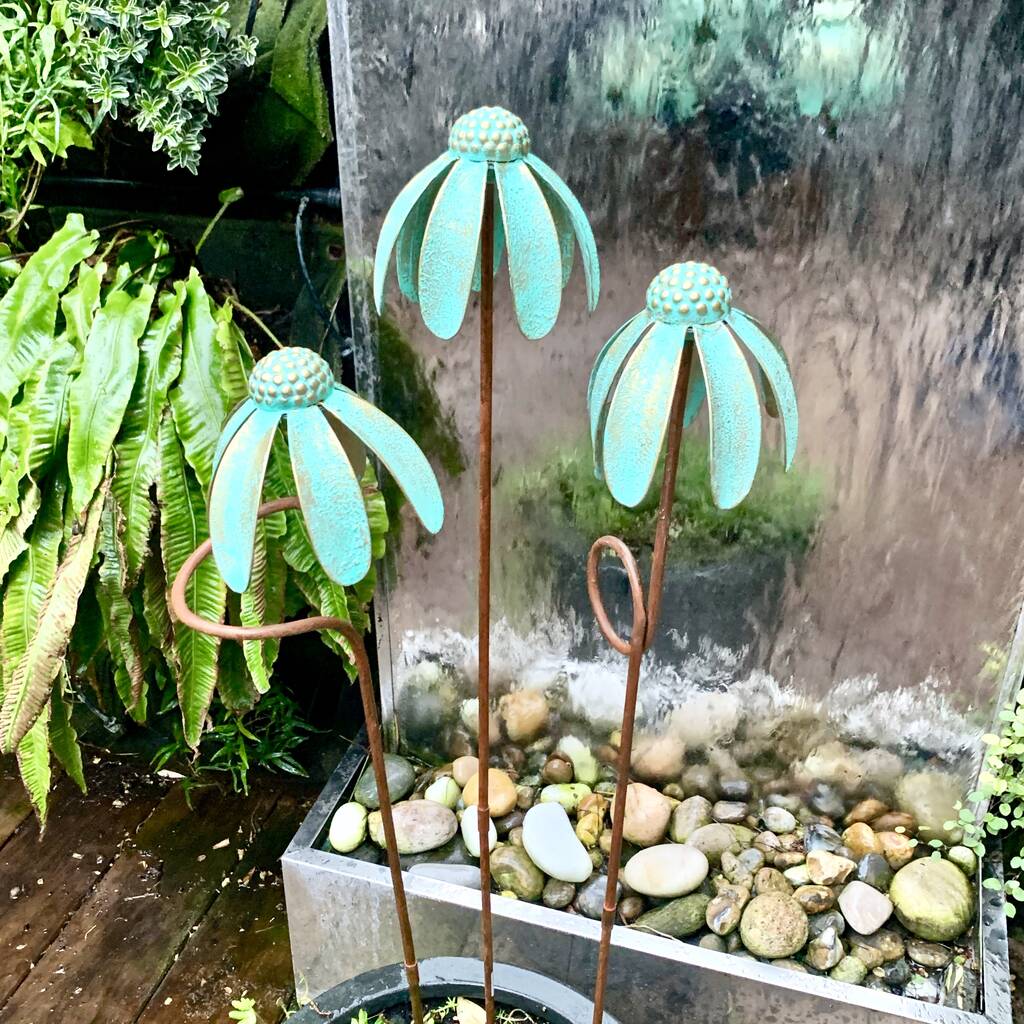 Set of 3 Verdigris Echinacea Garden Stakes