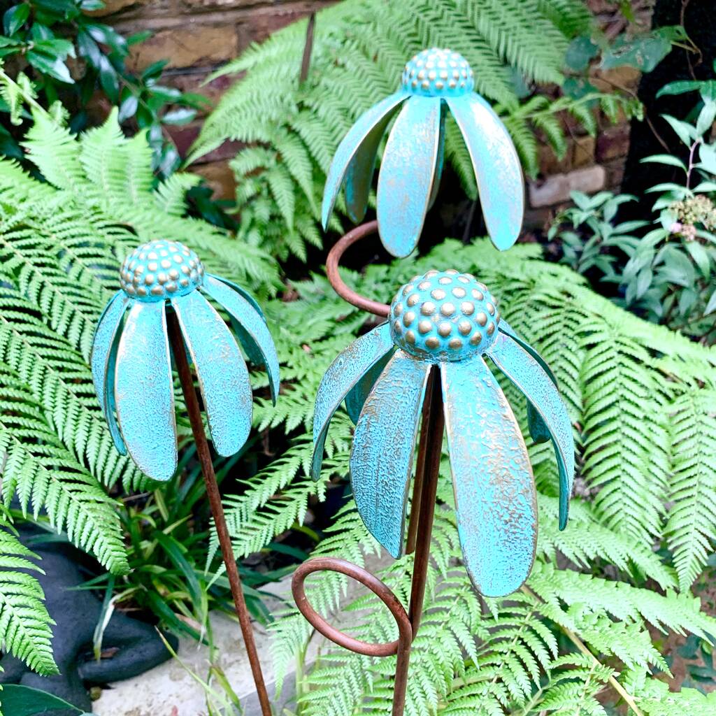 Set of 3 Verdigris Echinacea Garden Stakes