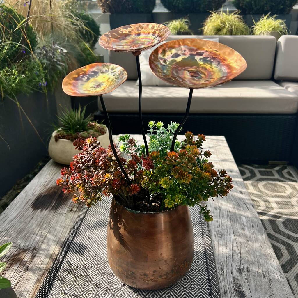 Set Of Three Copper Chalice Garden Pot Sculptures