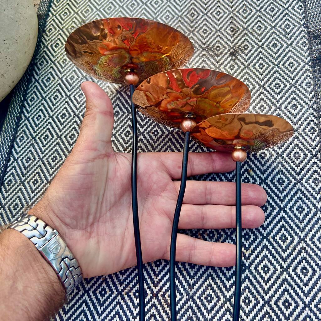 Set Of Three Copper Chalice Garden Pot Sculptures