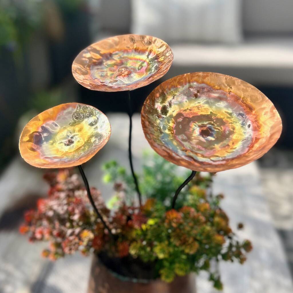 Set Of Three Copper Chalice Garden Pot Sculptures