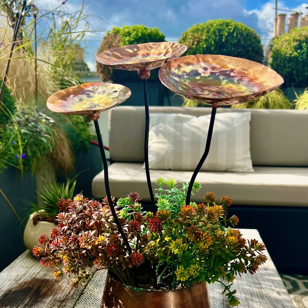 Set Of Three Copper Chalice Garden Pot Sculptures
