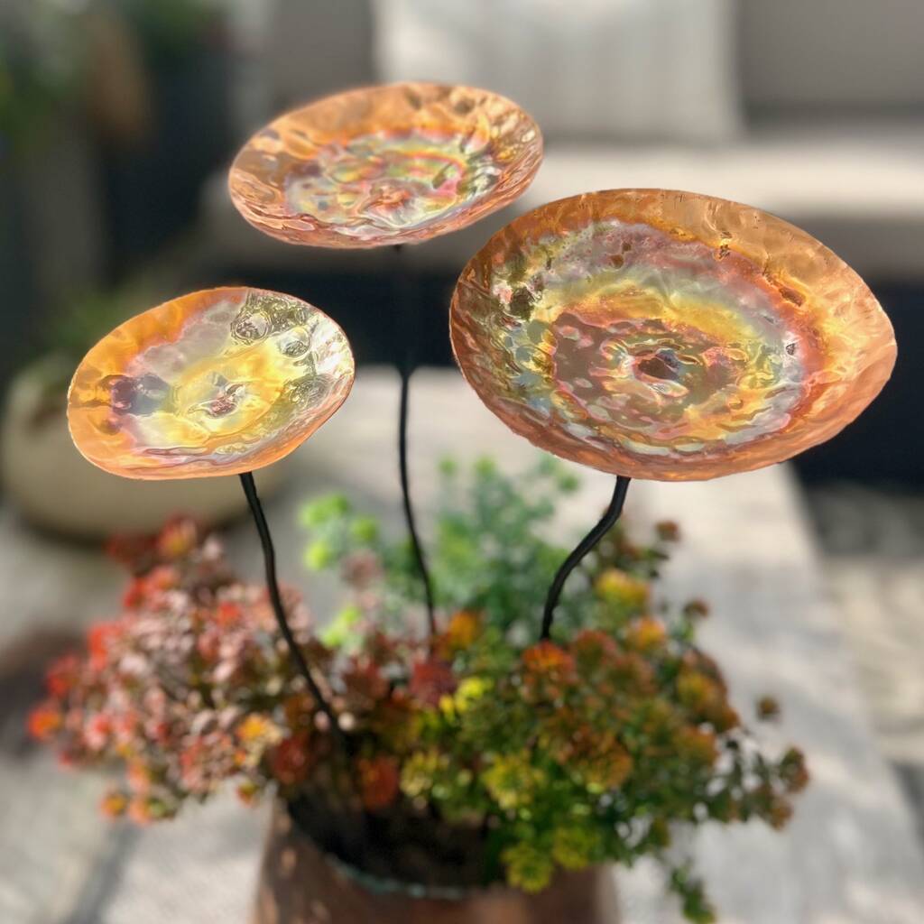 Set Of Three Copper Chalice Garden Pot Sculptures