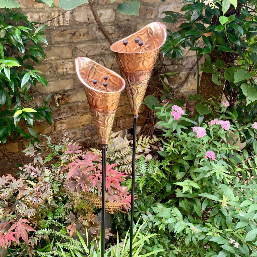 Pair Copper Etched Lily Sculptures