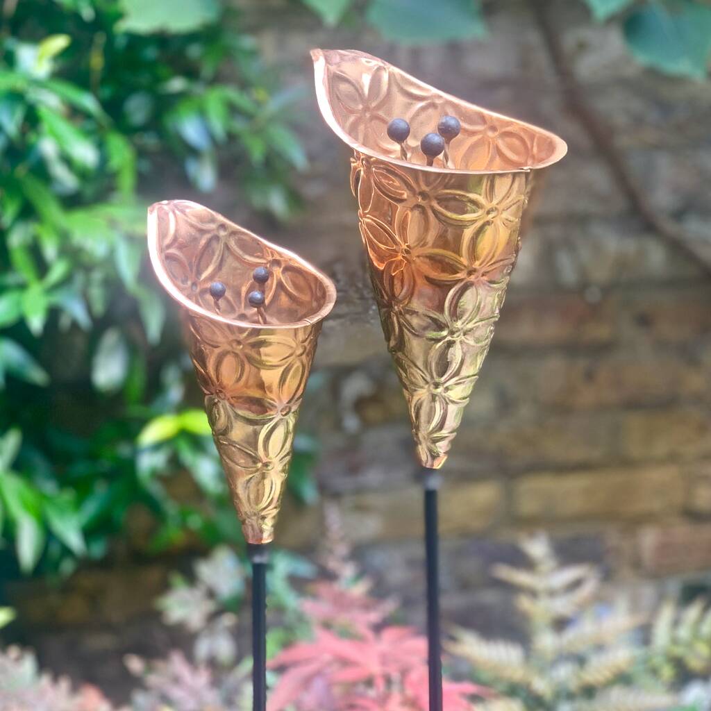 Pair Copper Etched Lily Sculptures