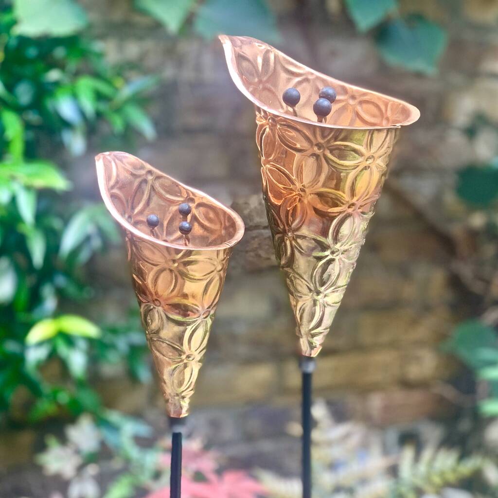 Pair Copper Etched Lily Sculptures
