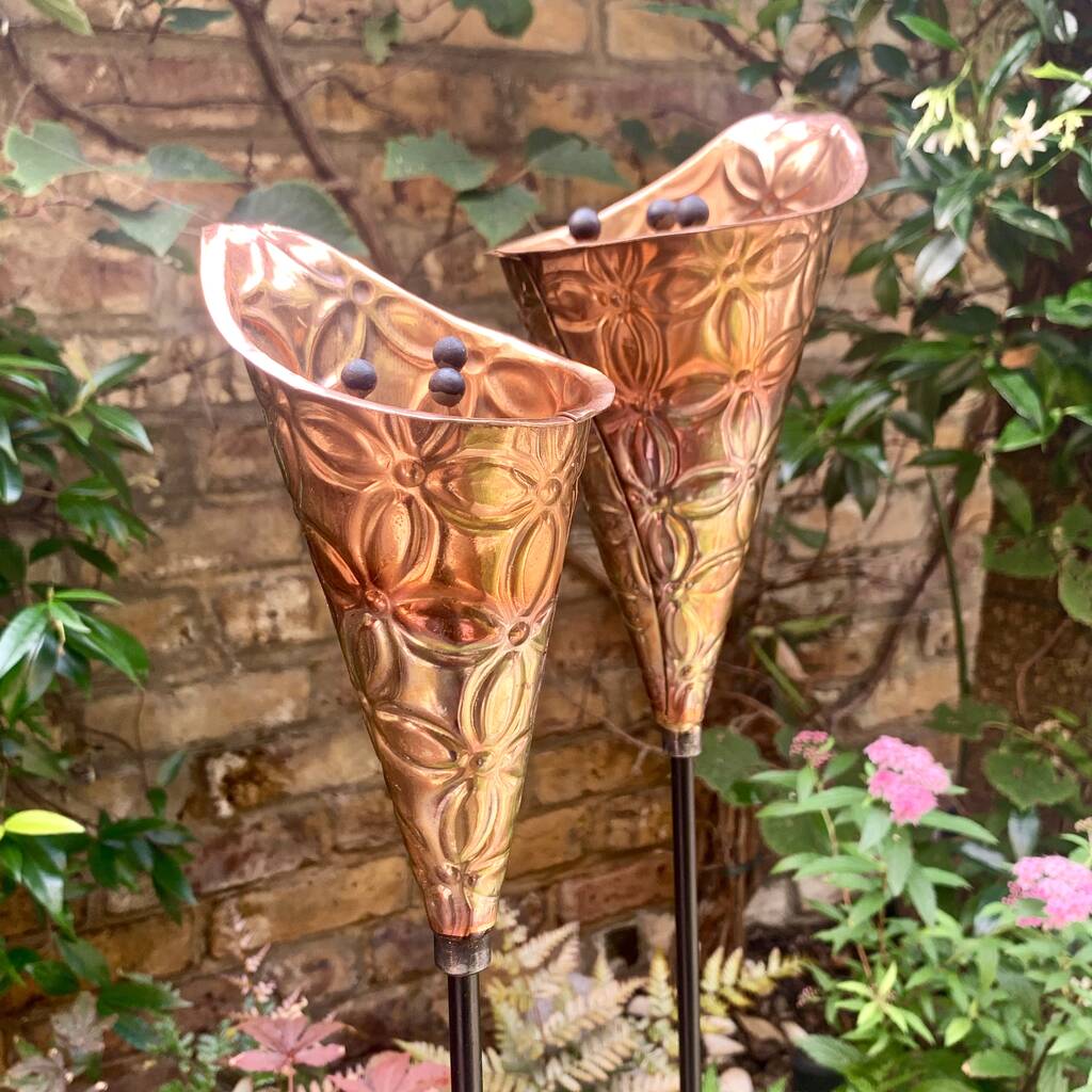Pair Copper Etched Lily Sculptures