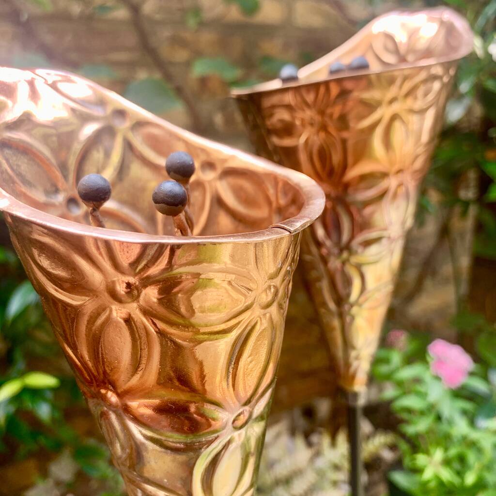 Pair Copper Etched Lily Sculptures