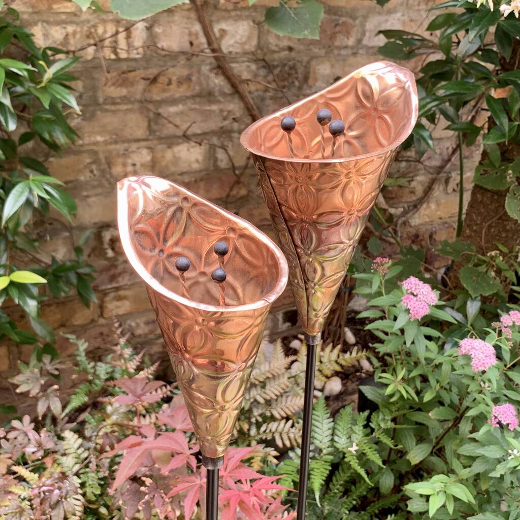 Pair Copper Etched Lily Sculptures