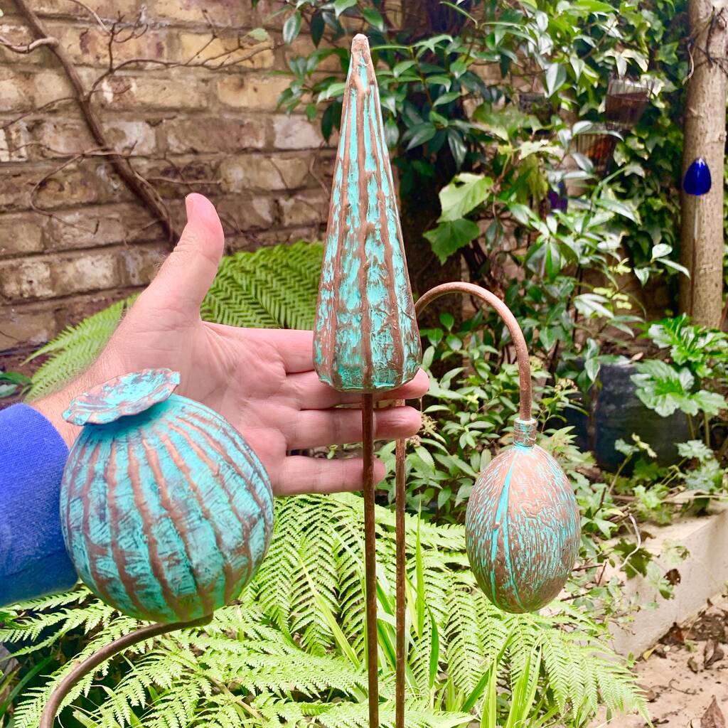 Three Verdigris Seedhead Garden Stakes