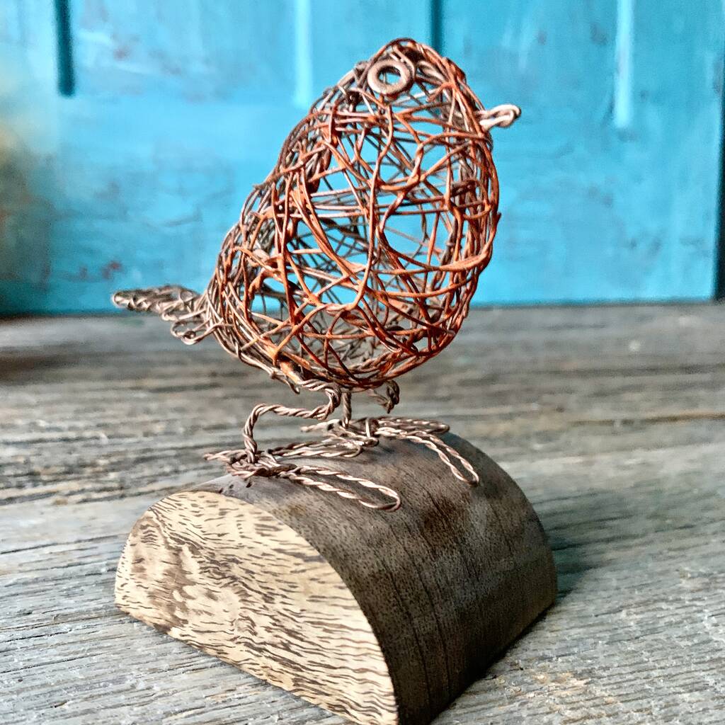 Wire Robin on Wooden Plinth