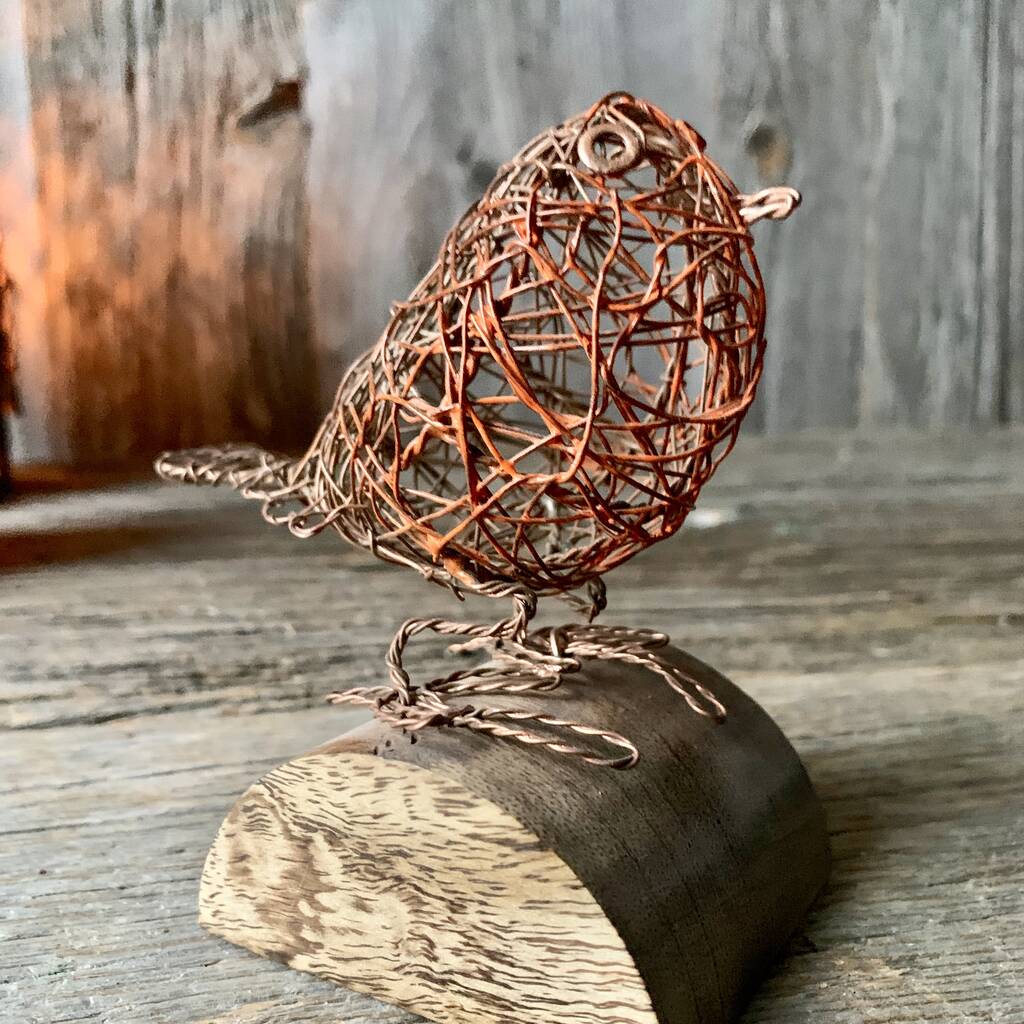 Wire Robin on Wooden Plinth